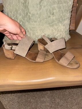 TOMS Beige Taupe Suede Two-Strap Block Heel Sandals
